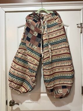 New! POL Boho Patchwork Wide Leg Drawstring Pants in Cream, Blue, Red